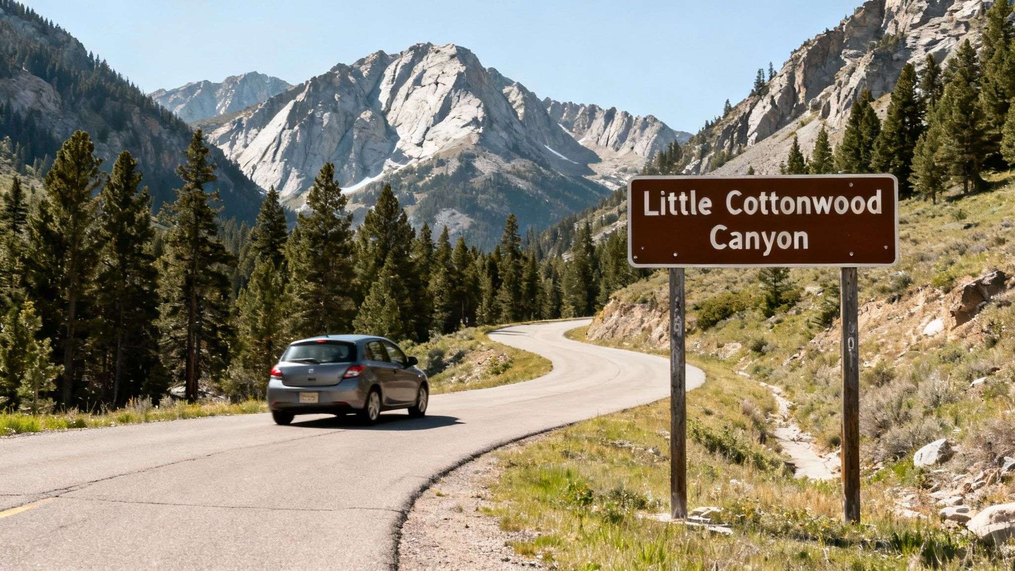 A scenic view of Little Cottonwood Canyon Utah with golden autumn leaves and rugged mountain peaks.