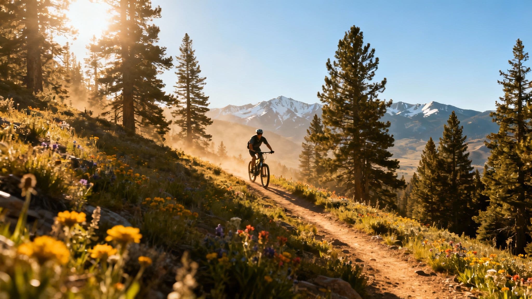 Hikers on a trail overlooking the green mountains of Park City during a sunny summer day.