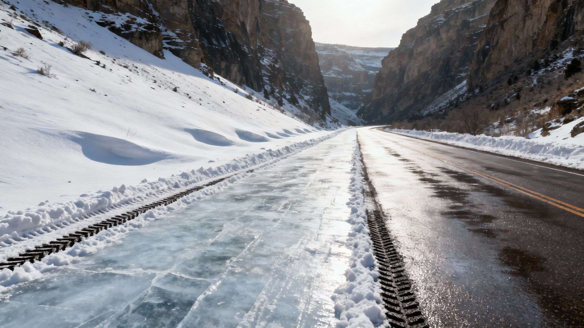 A car driving on a snowy mountain road, illustrating the conditions travelers can assess with with traffic cameras.