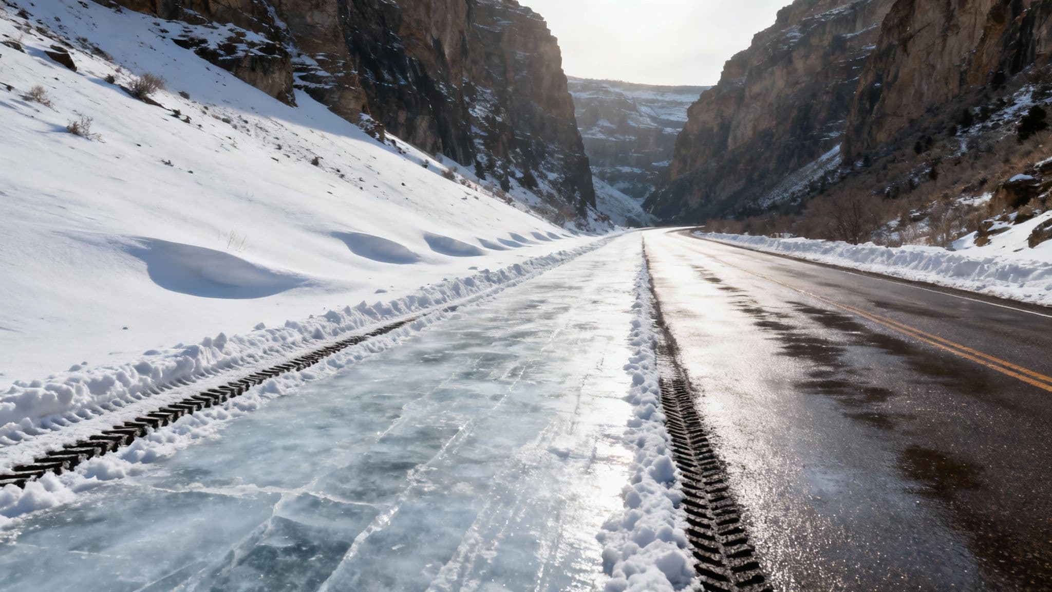 A car driving on a snowy mountain road, illustrating the conditions travelers can assess with with traffic cameras.