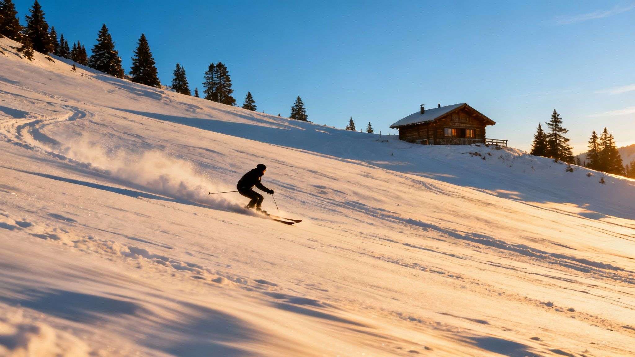 A skier makes fresh tracks in deep powder with snow-covered evergreens in the background.