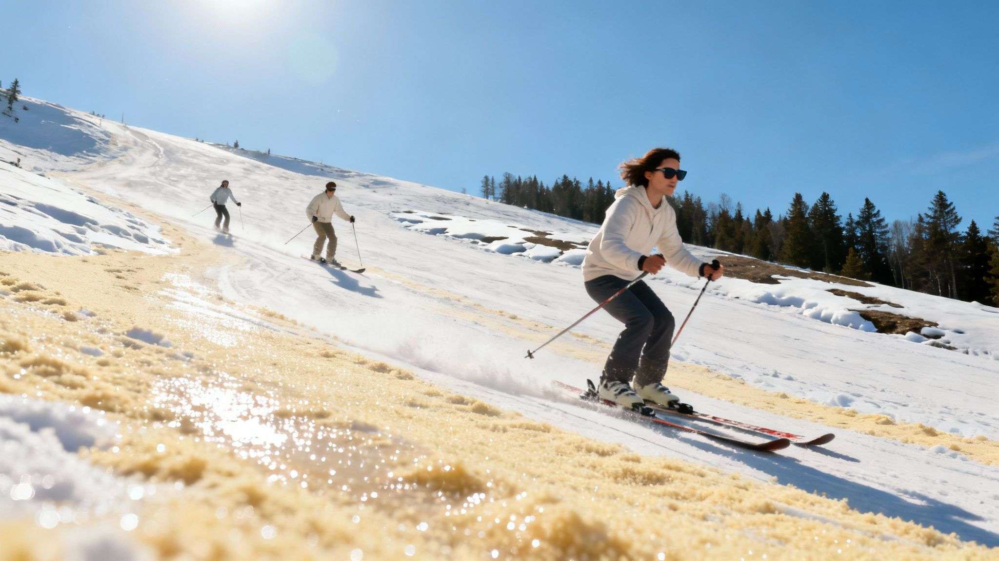A skier in a t-shirt carves a turn on a sunny spring day in Utah.