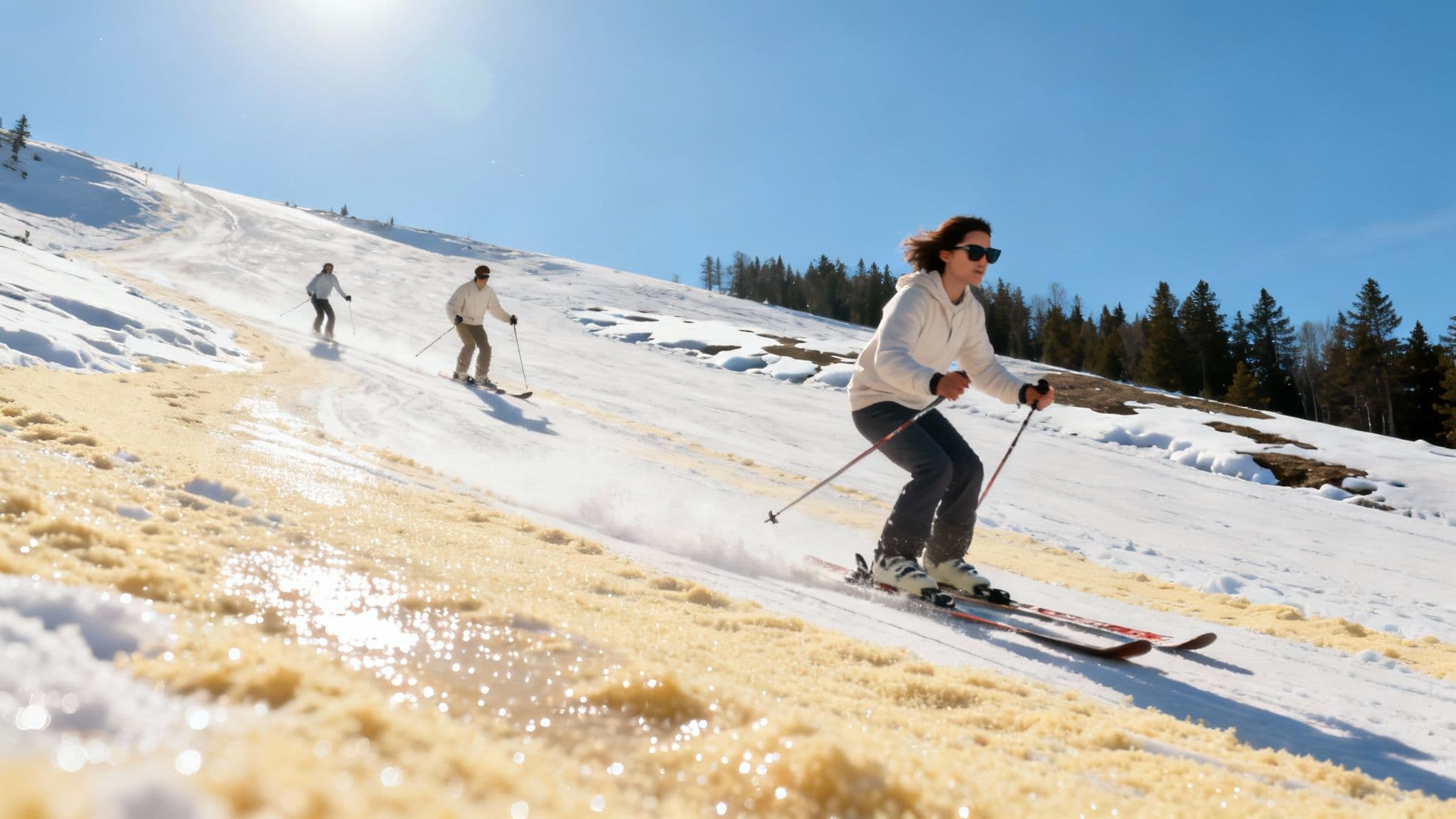 A skier in a t-shirt carves a turn on a sunny spring day in Utah.