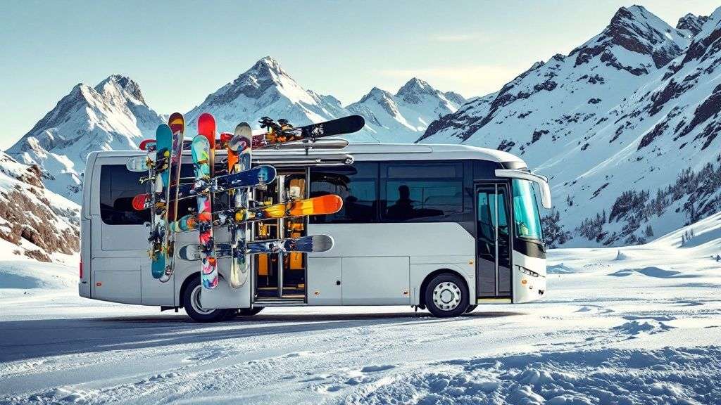 A skier checks their phone for transit updates while waiting at a bus stop with skis leaning against the shelter.