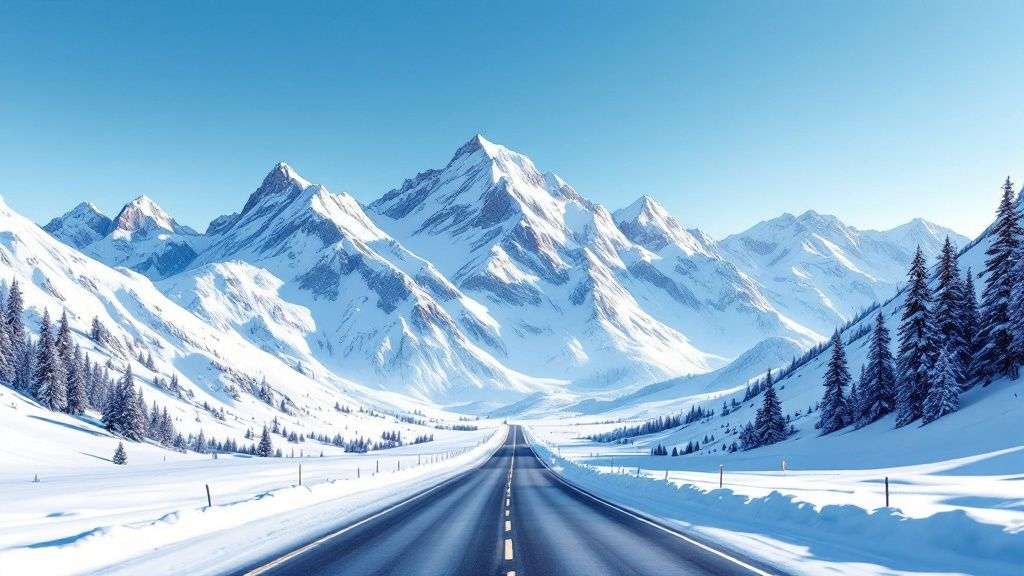 A wide-angle view of the Snowbird ski resort heliport bypass road in Alta UT, showing a snow-covered path cutting through a snowy mountain landscape.