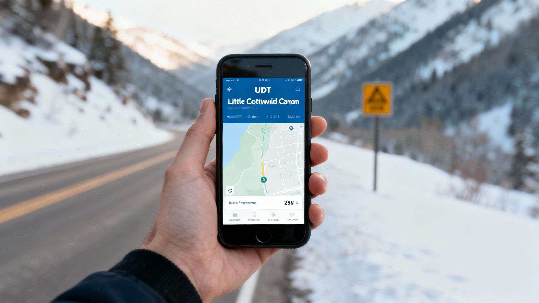 A snowy road winding through Little Cottonwood Canyon with mountains in the background.