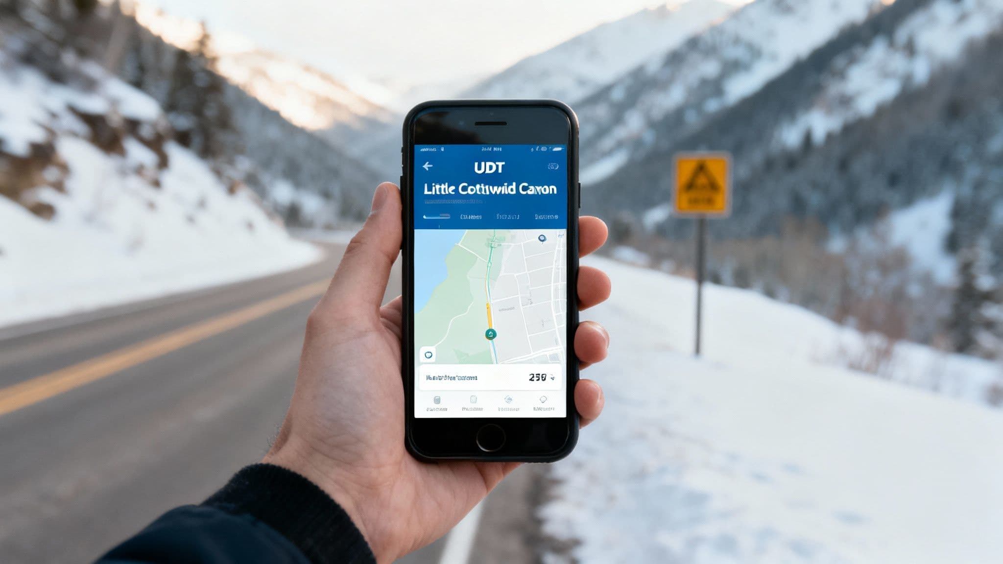 A snowy road winding through Little Cottonwood Canyon with mountains in the background.