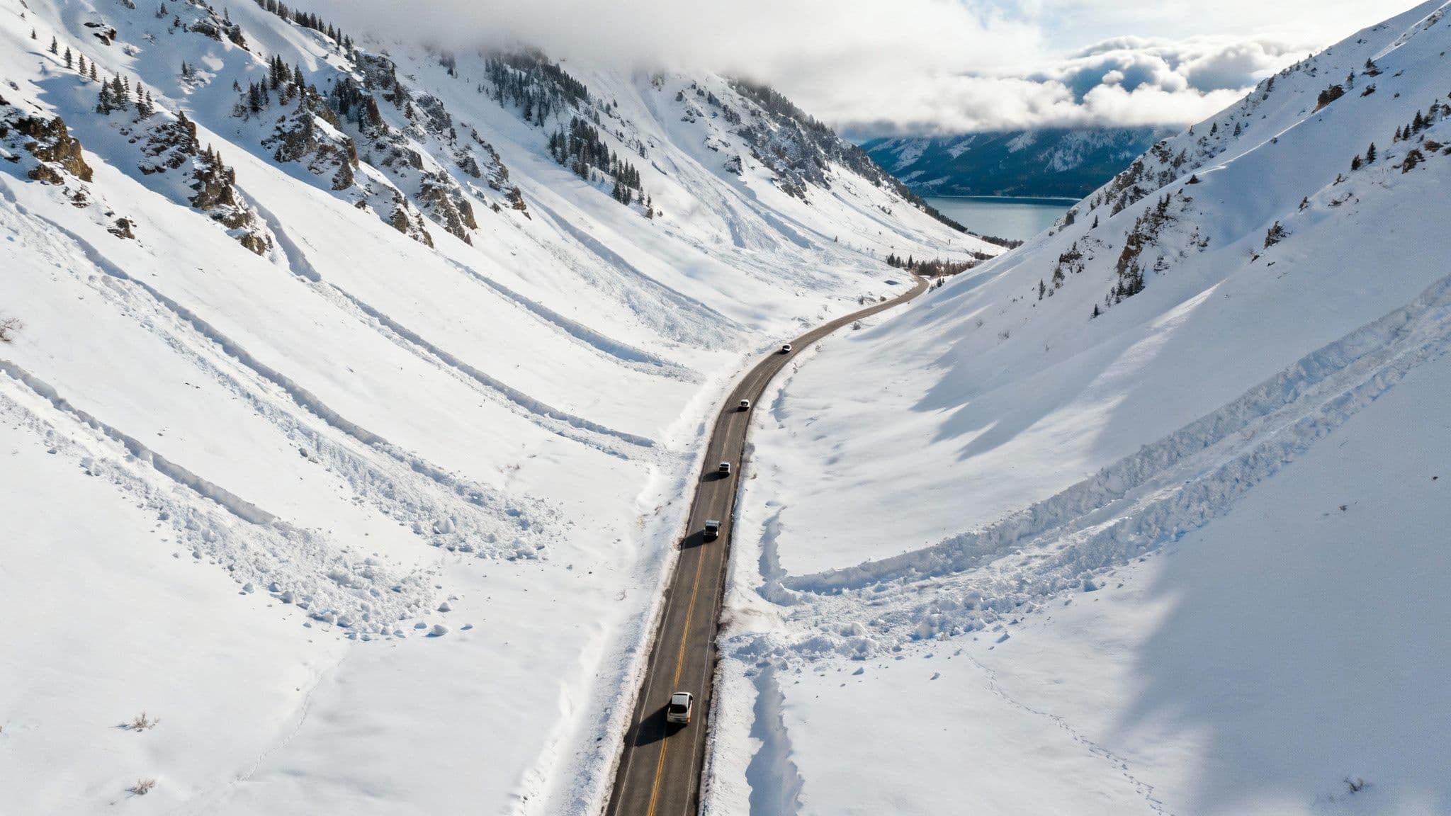 Steep, snow-covered mountains towering over the Little Cottonwood Canyon road. The terrain highlights the high avalanche risk.