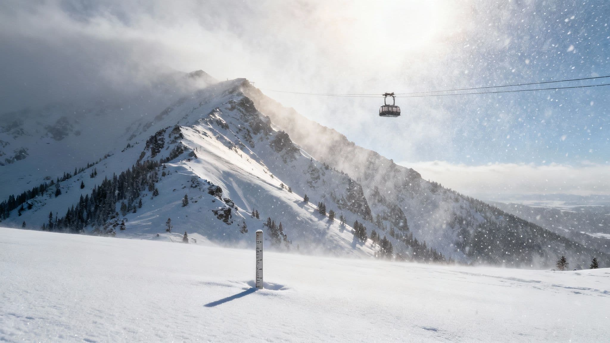 A skier makes fresh tracks in deep powder snow at Snowbird with sunny skies.