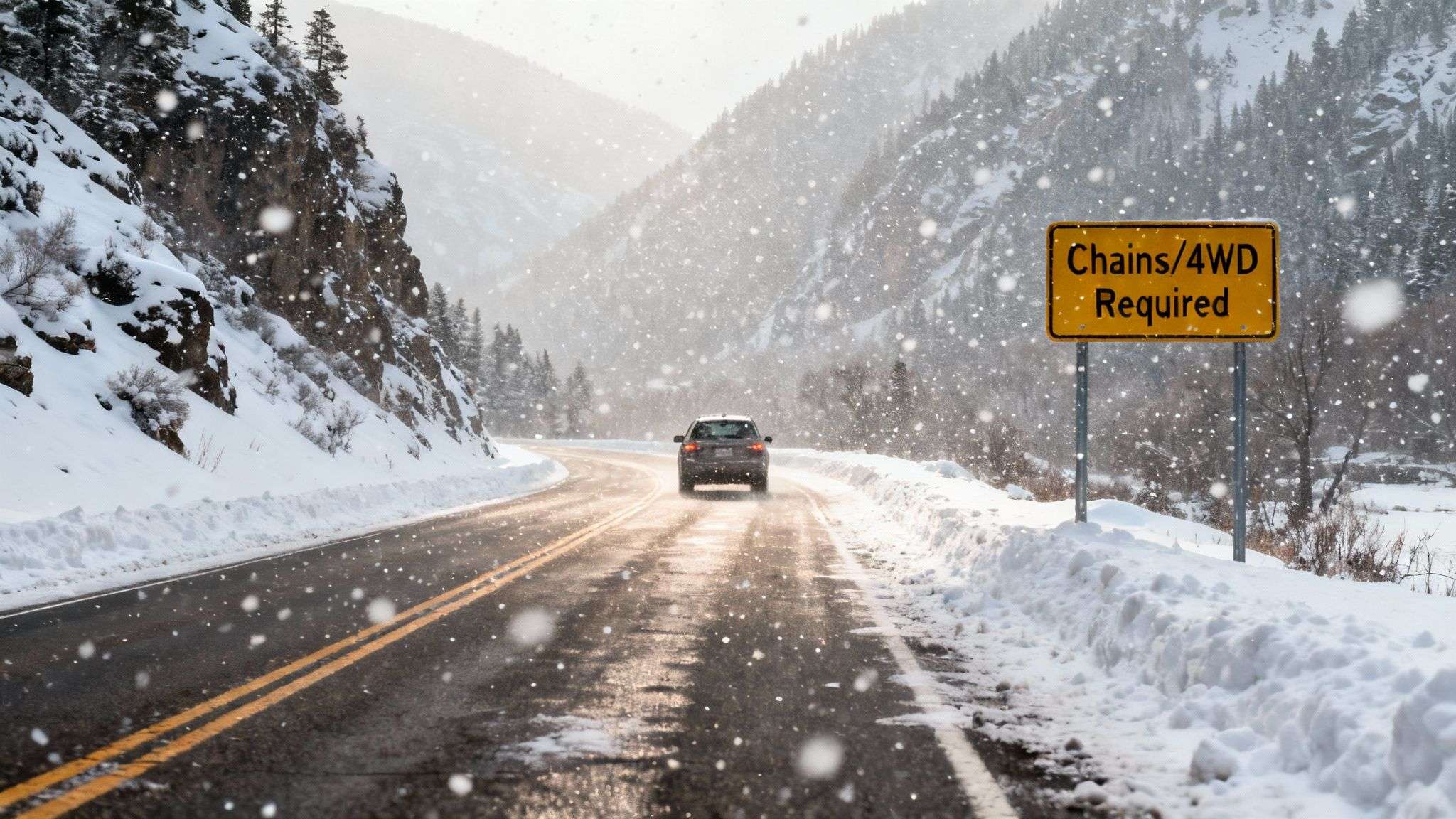 A winding road through a canyon with snow-covered mountains in the background during winter.