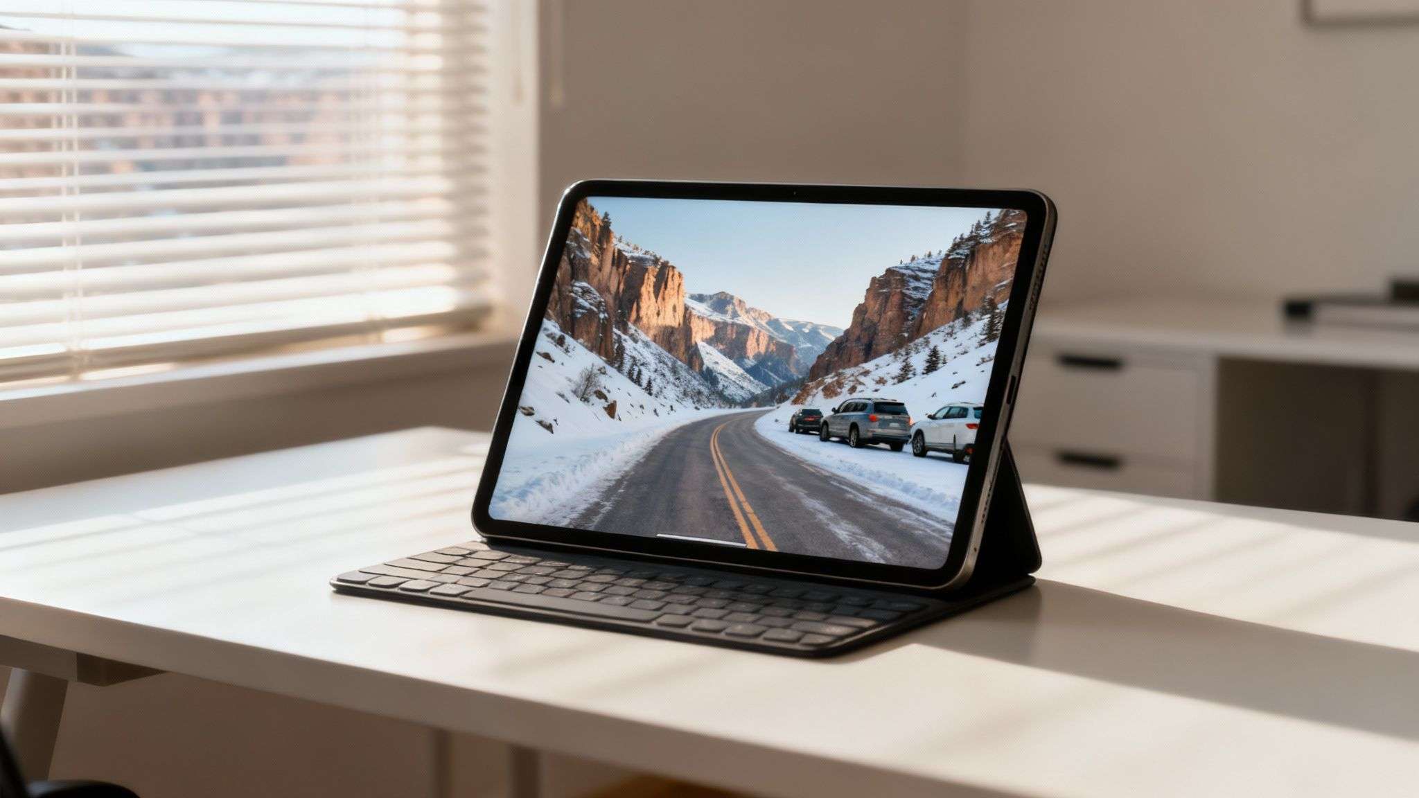 A car driving on a scenic mountain road with snow-capped peaks in the background, representing a successful canyon trip.