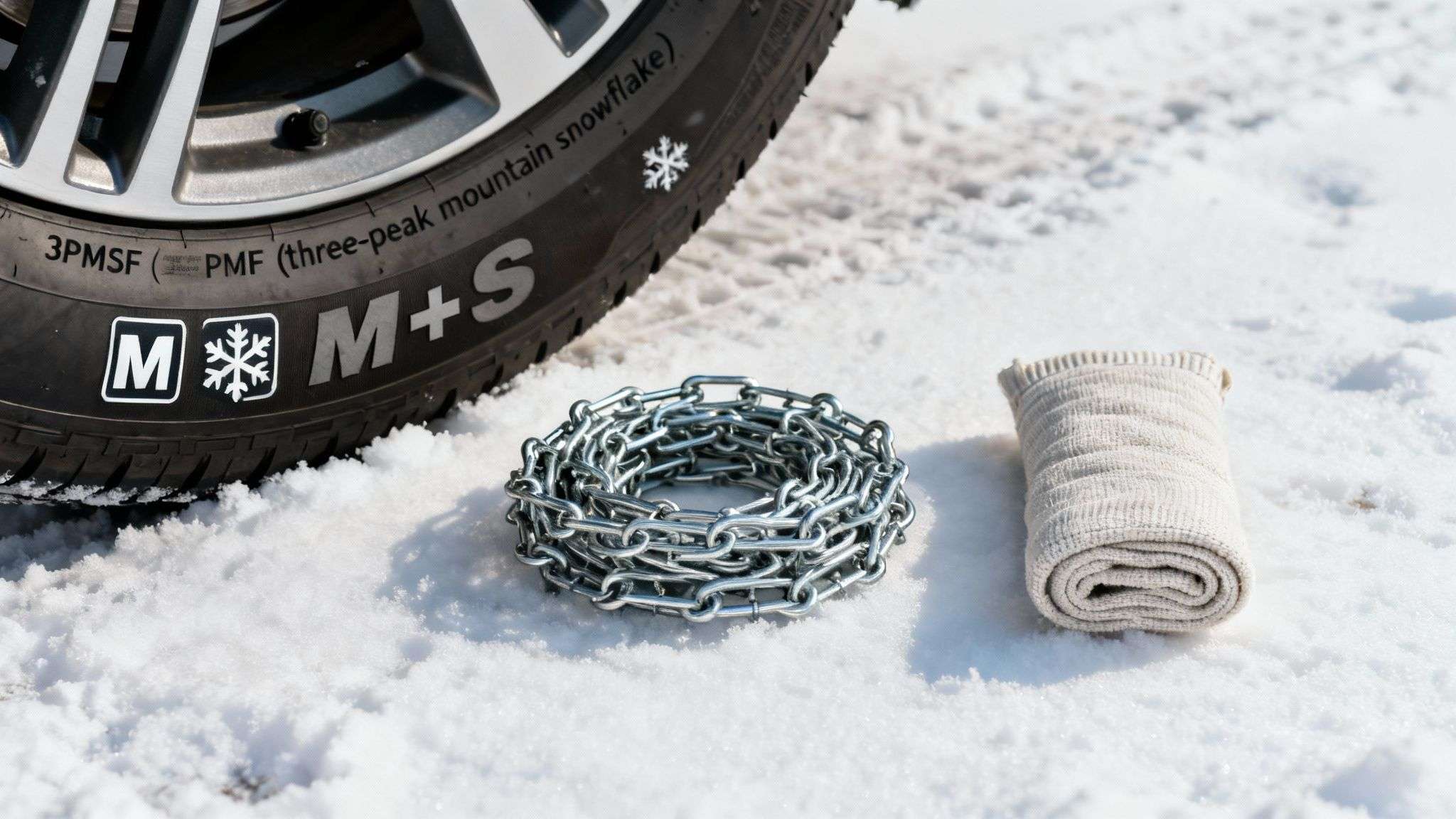 A close-up of a tire's sidewall showing the 3PMSF and M+S symbols.