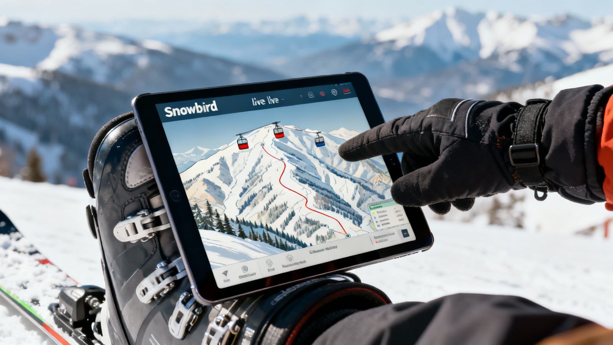 A wide-angle shot of Snowbird's ski lifts carrying skiers up the mountain against a backdrop of snow-covered peaks.