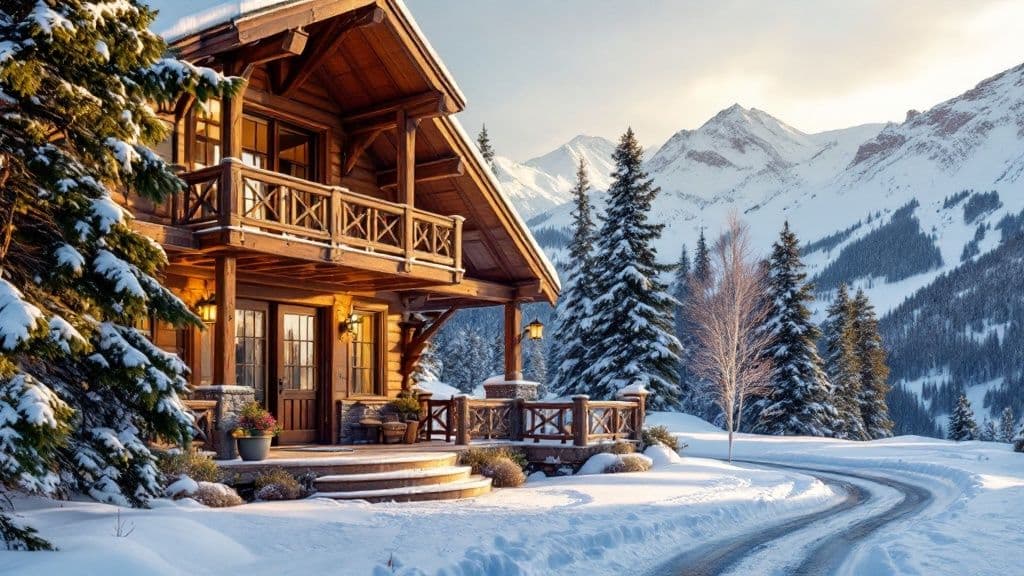 Skiers riding a chairlift up a mountain at a Utah resort, with snowy peaks in the background.