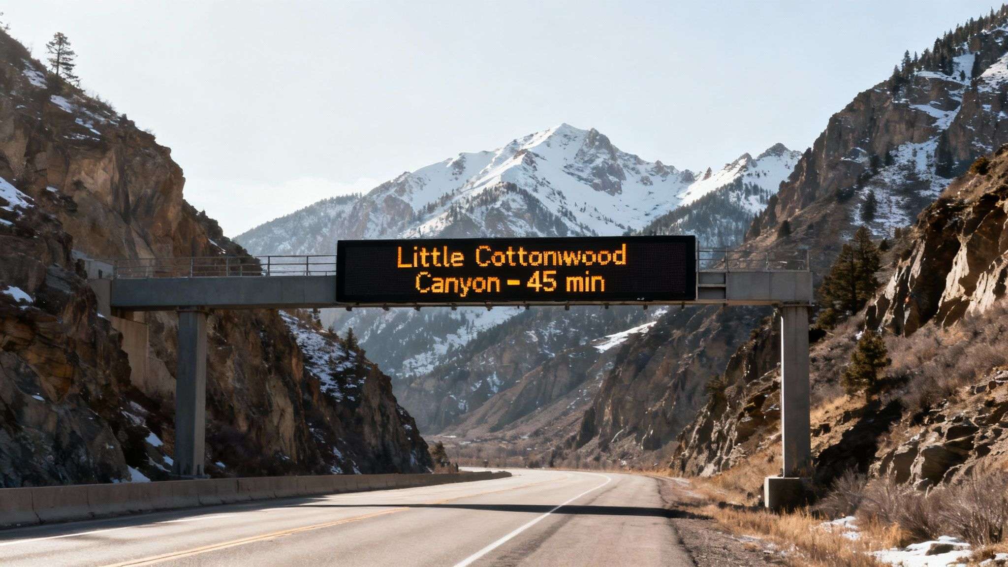 A long line of cars with their brake lights on, snaking up a snowy canyon road at dusk.