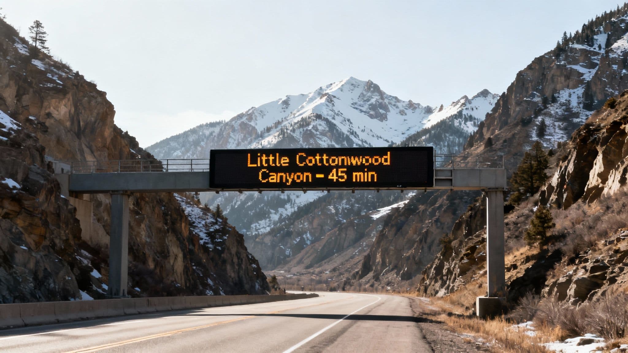 A long line of cars with their brake lights on, snaking up a snowy canyon road at dusk.