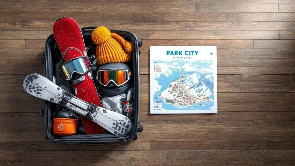 A skier glides through deep, fresh powder snow in Park City, Utah, with snow-covered evergreens in the background.