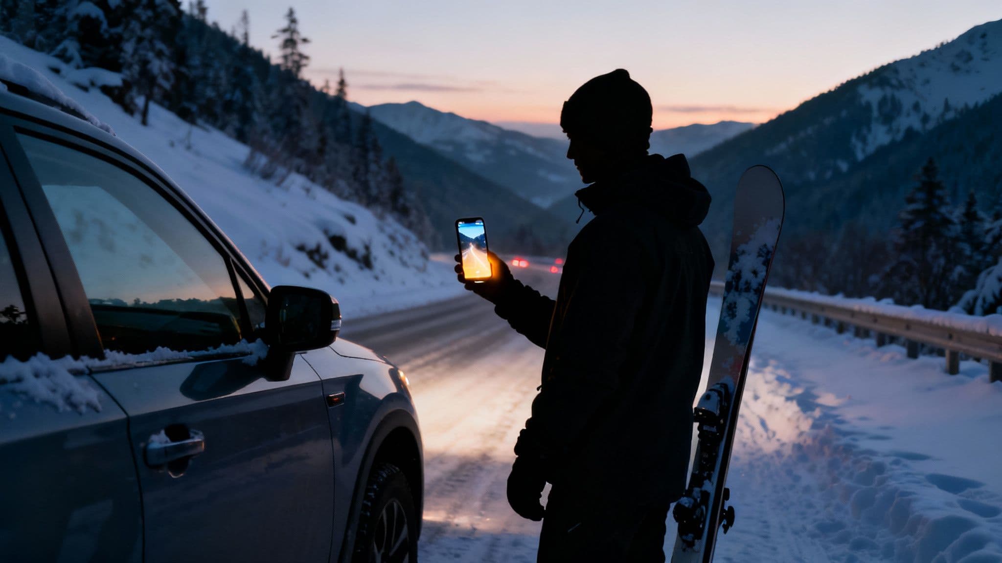 A car driving safely up a snowy canyon road, illustrating a well-planned trip.