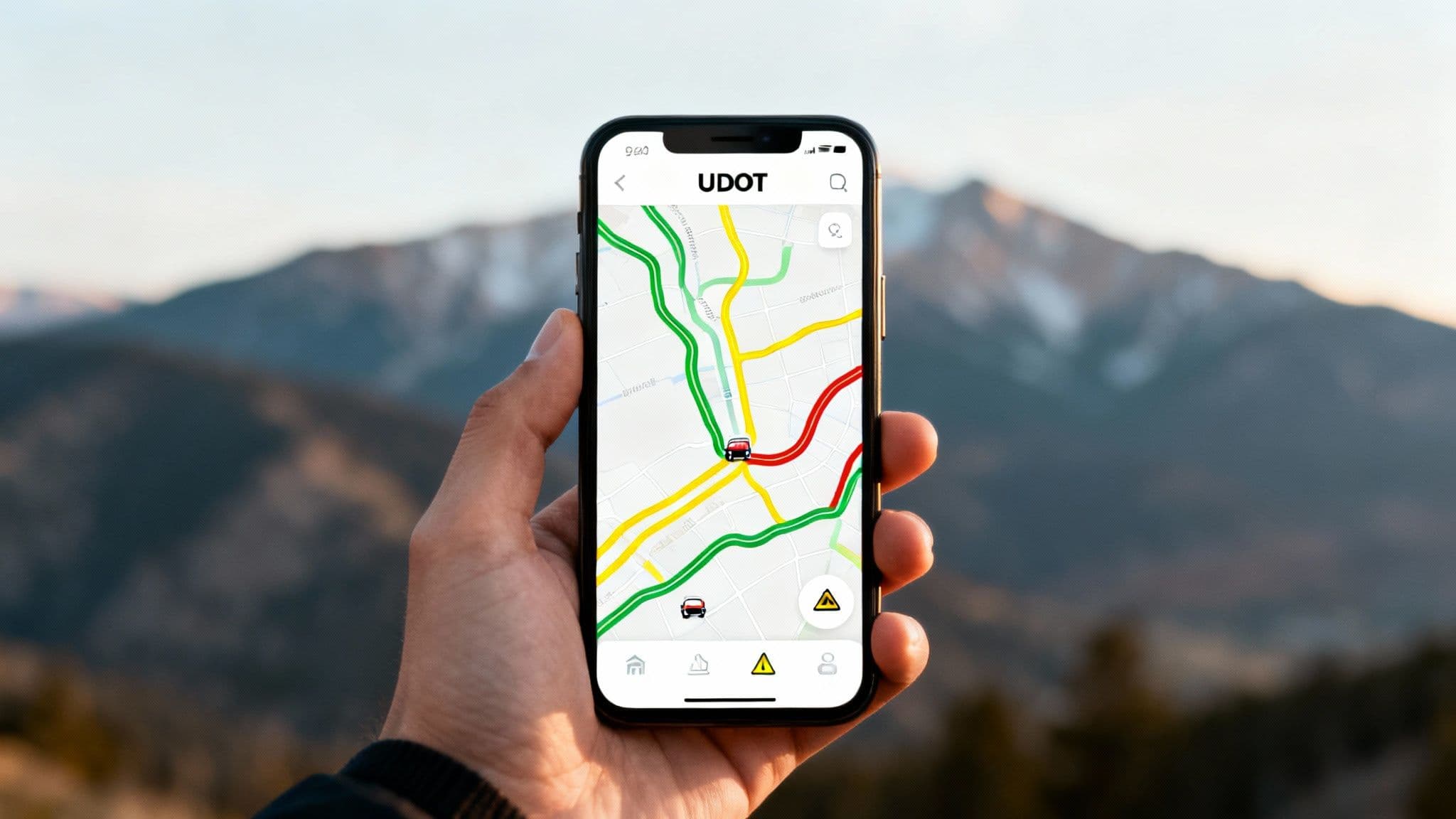 A screenshot of the UDOT traffic map showing various color-coded roads and incident icons in Utah.