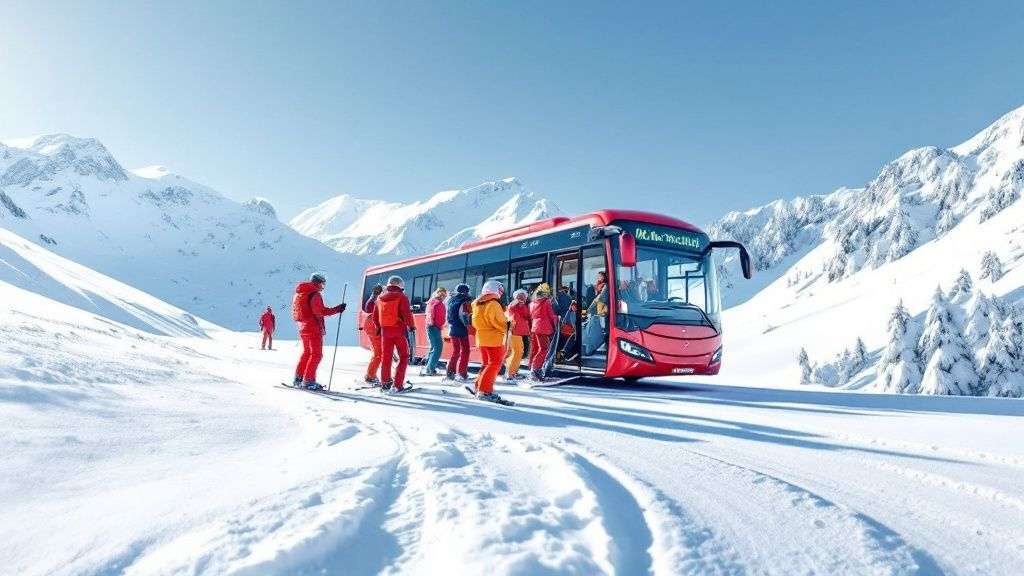 A Utah Transit Authority (UTA) ski bus drives up a snowy canyon road, with ski racks visible on the side.