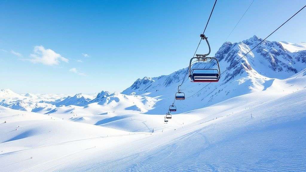 A wide panoramic view of a Utah ski resort on a sunny day with groomed slopes.