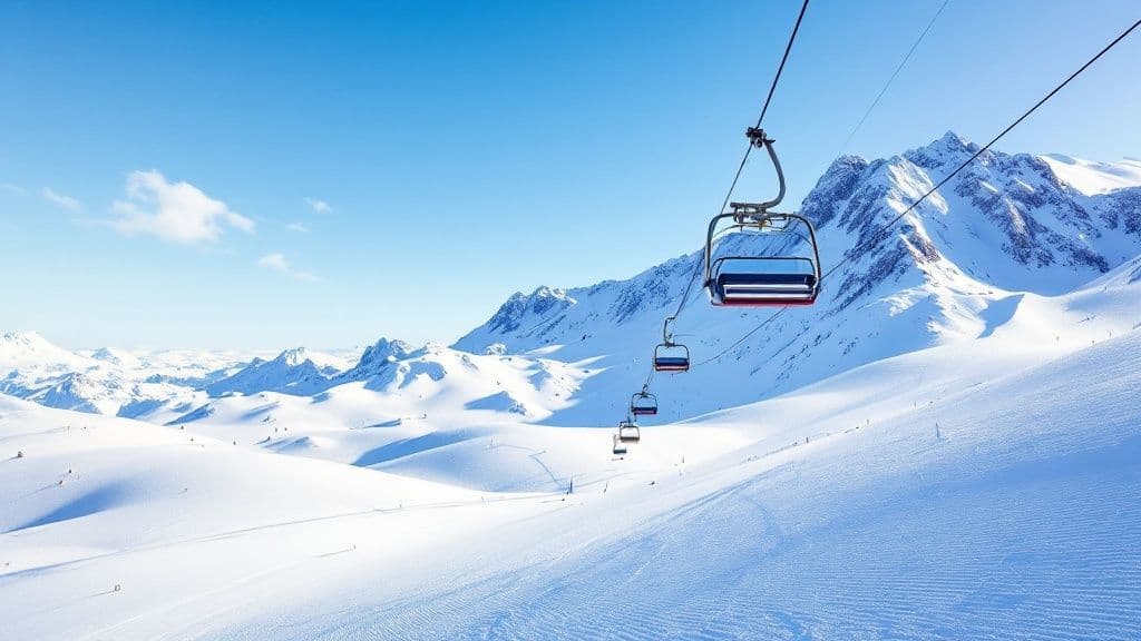 A wide panoramic view of a Utah ski resort on a sunny day with groomed slopes.