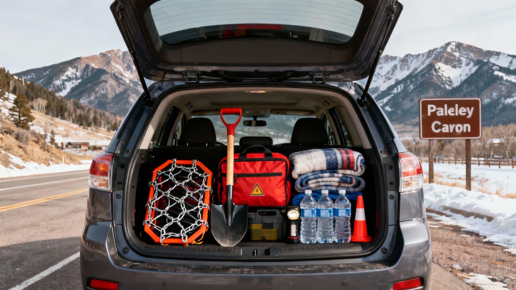 A modern car driving on a wet road in Parleys Canyon, with safety features like traction control highlighted.