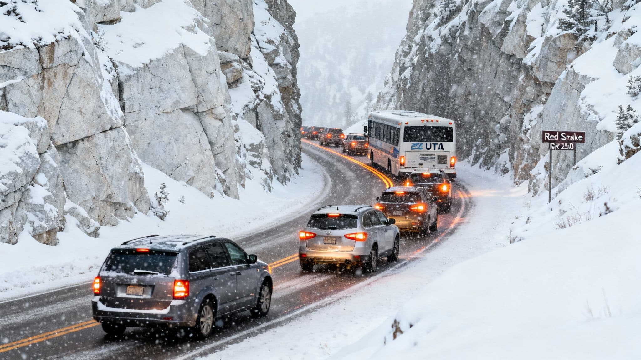 A line of cars with red tail lights snaking up a snowy road in Little Cottonwood Canyon Utah at dusk.