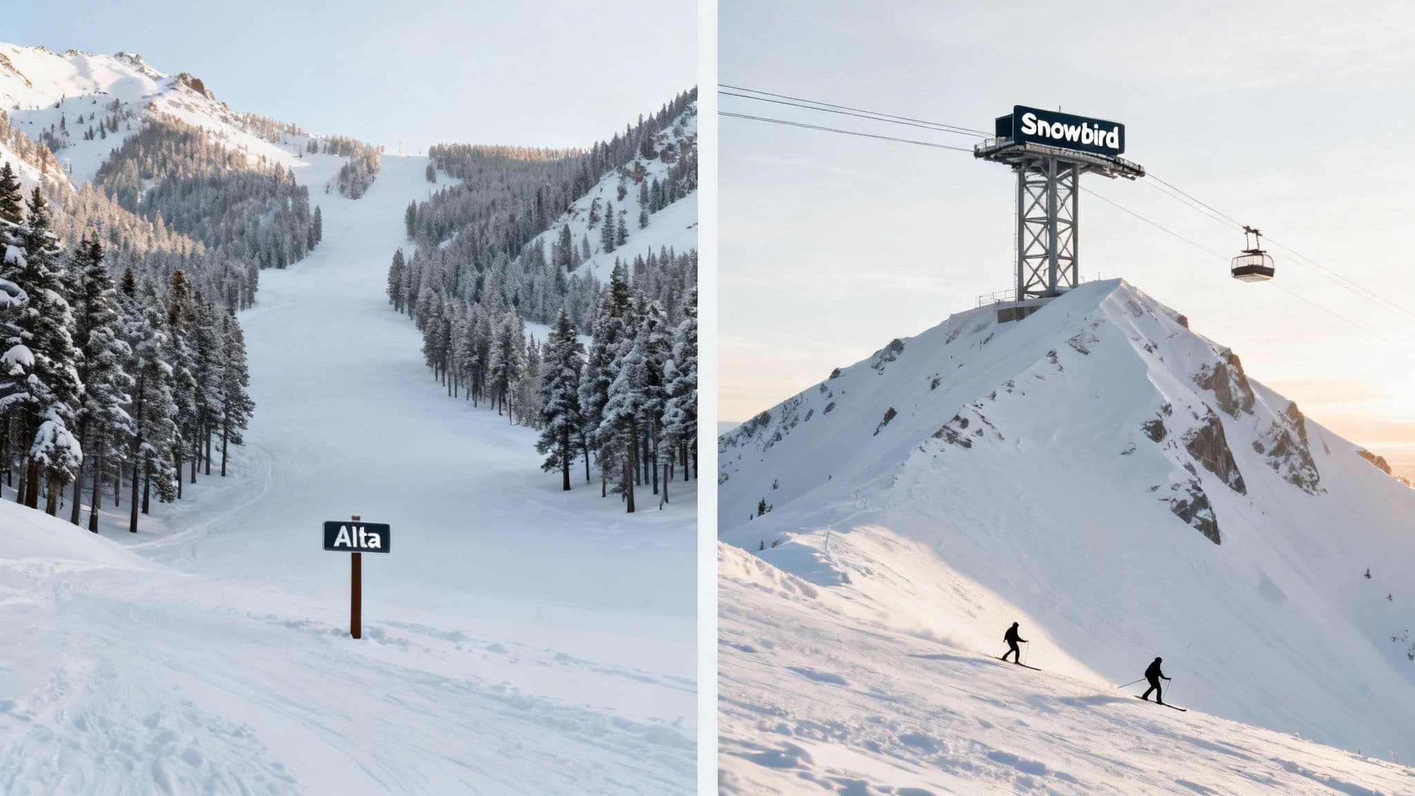 Skiers on a snowy mountain with chairlifts and trees, under a clear blue sky.