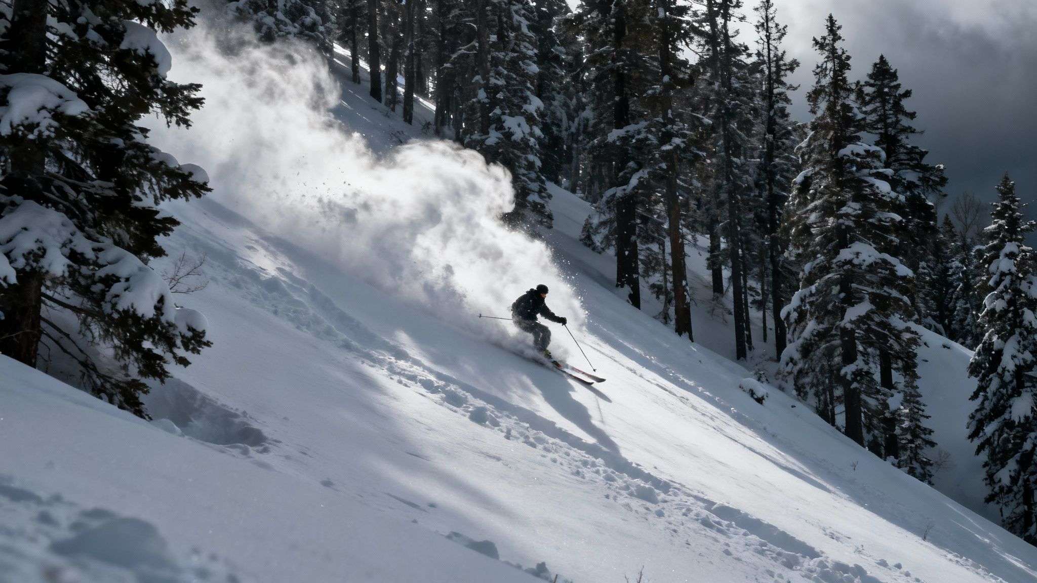 A skier makes a sharp turn in deep, untouched powder snow under a sunny sky in Utah.