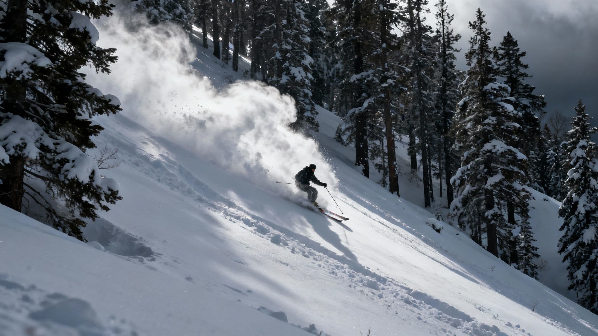 A skier makes a sharp turn in deep, untouched powder snow under a sunny sky in Utah.