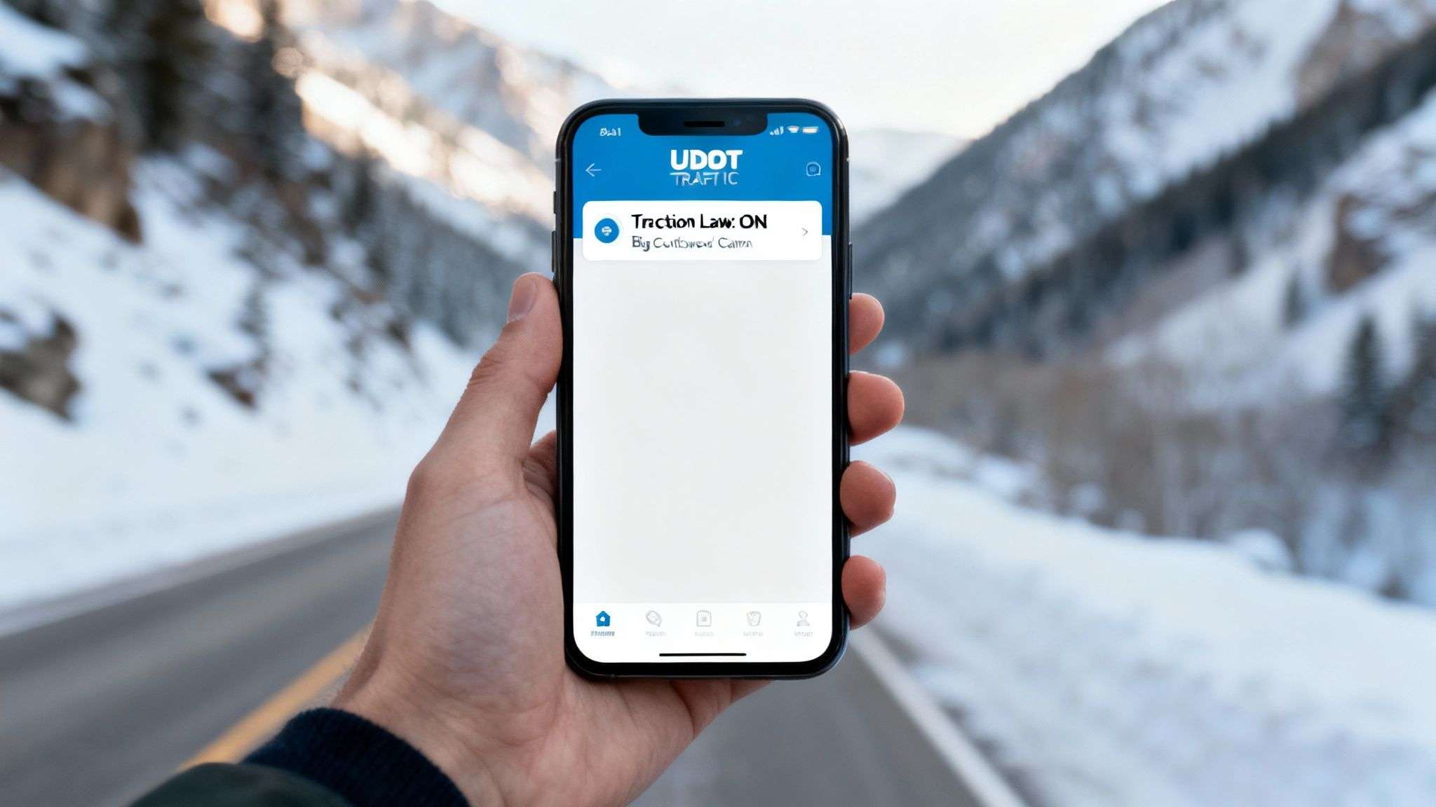 A large electronic UDOT sign on a Utah highway displays a winter road condition alert.