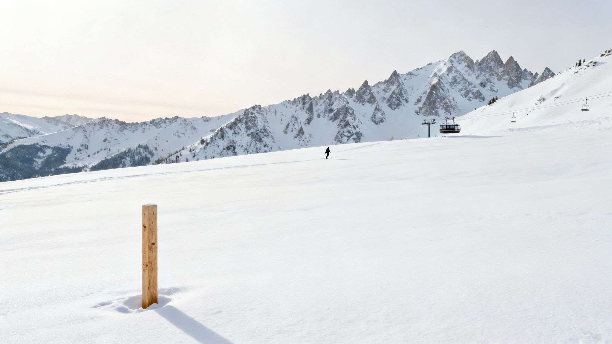 A skier makes fresh tracks in deep powder snow at Snowbird, Utah.