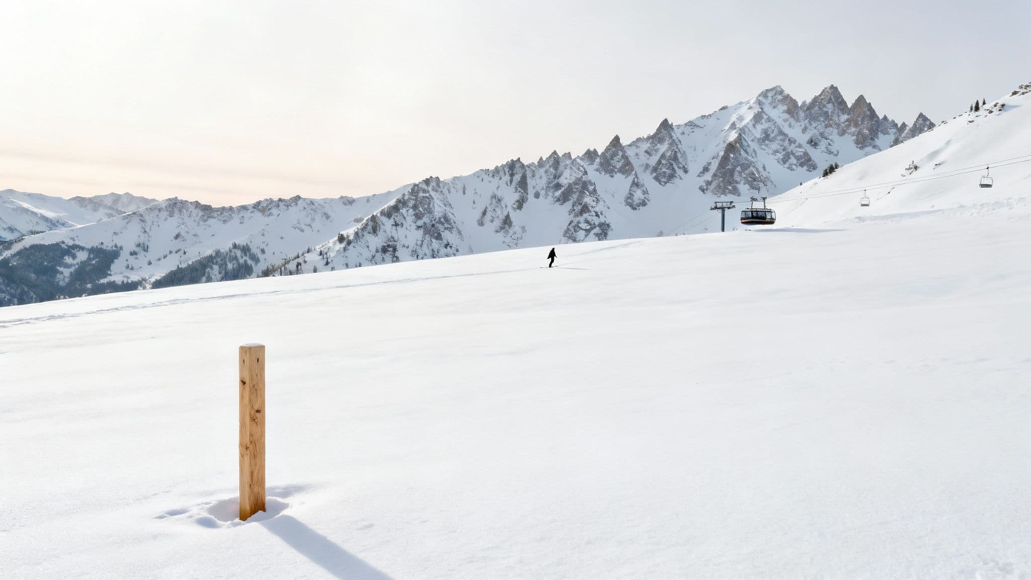 A skier makes fresh tracks in deep powder snow at Snowbird, Utah.