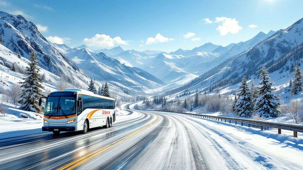 Skis and snowboards are loaded securely onto the external rack of a UTA ski bus.