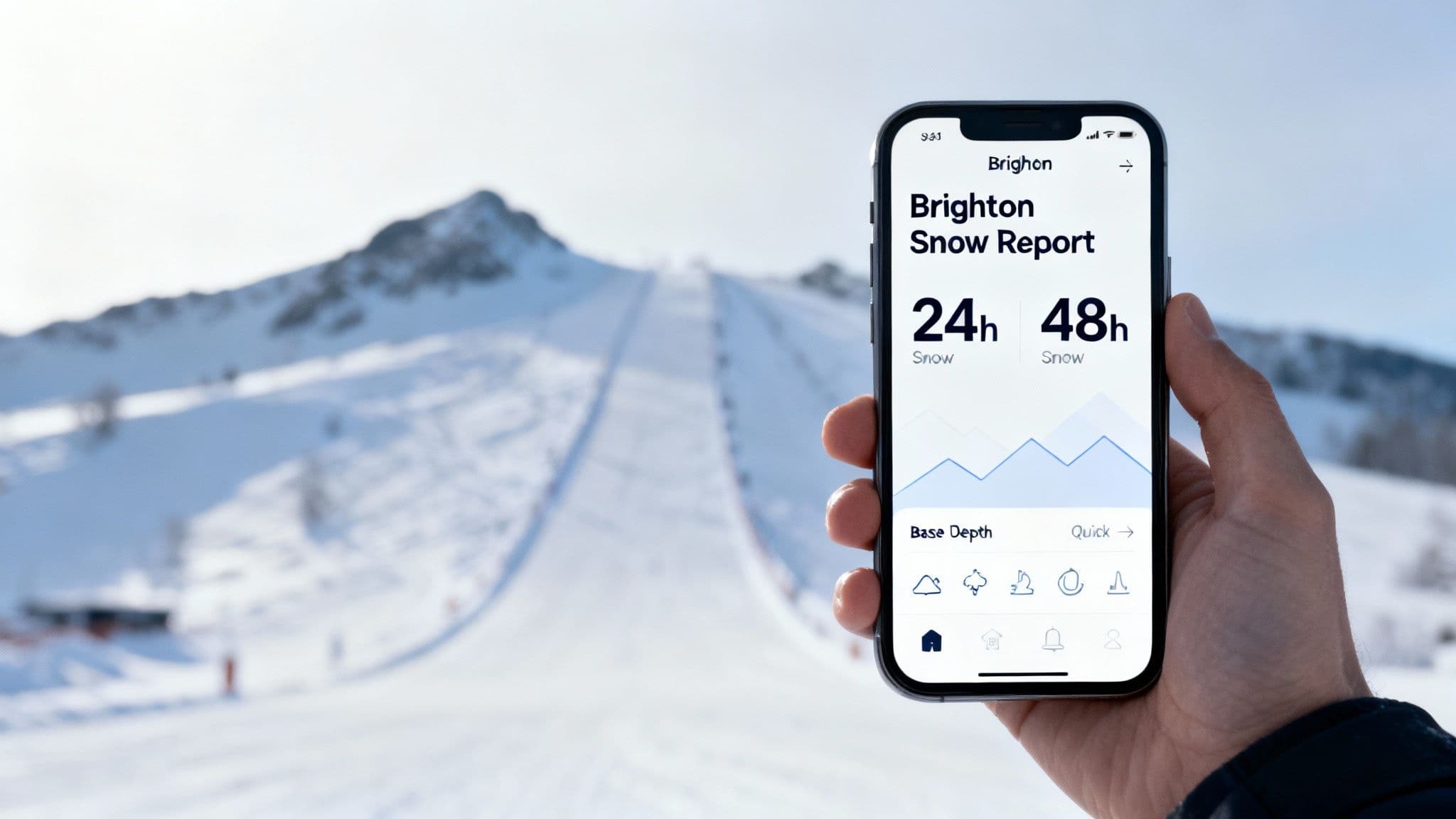 A skier enjoys deep powder snow at Brighton Resort under a blue sky.
