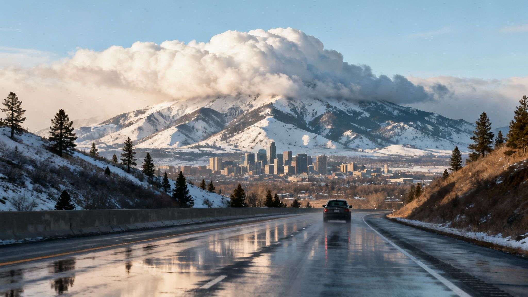 A scenic view of Parleys Canyon with I-80 winding through golden hills under a partly cloudy sky.