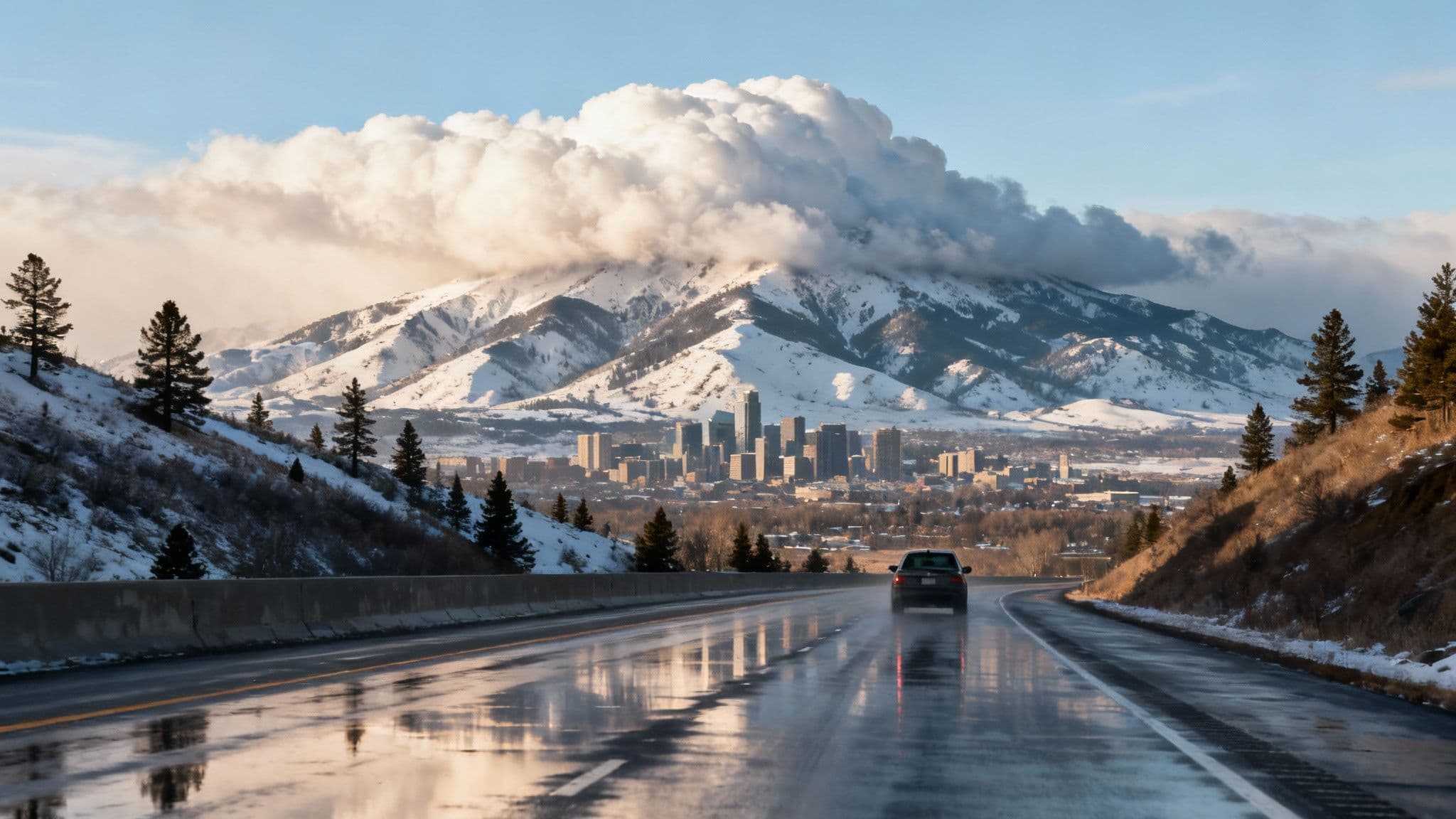 A scenic view of Parleys Canyon with I-80 winding through golden hills under a partly cloudy sky.