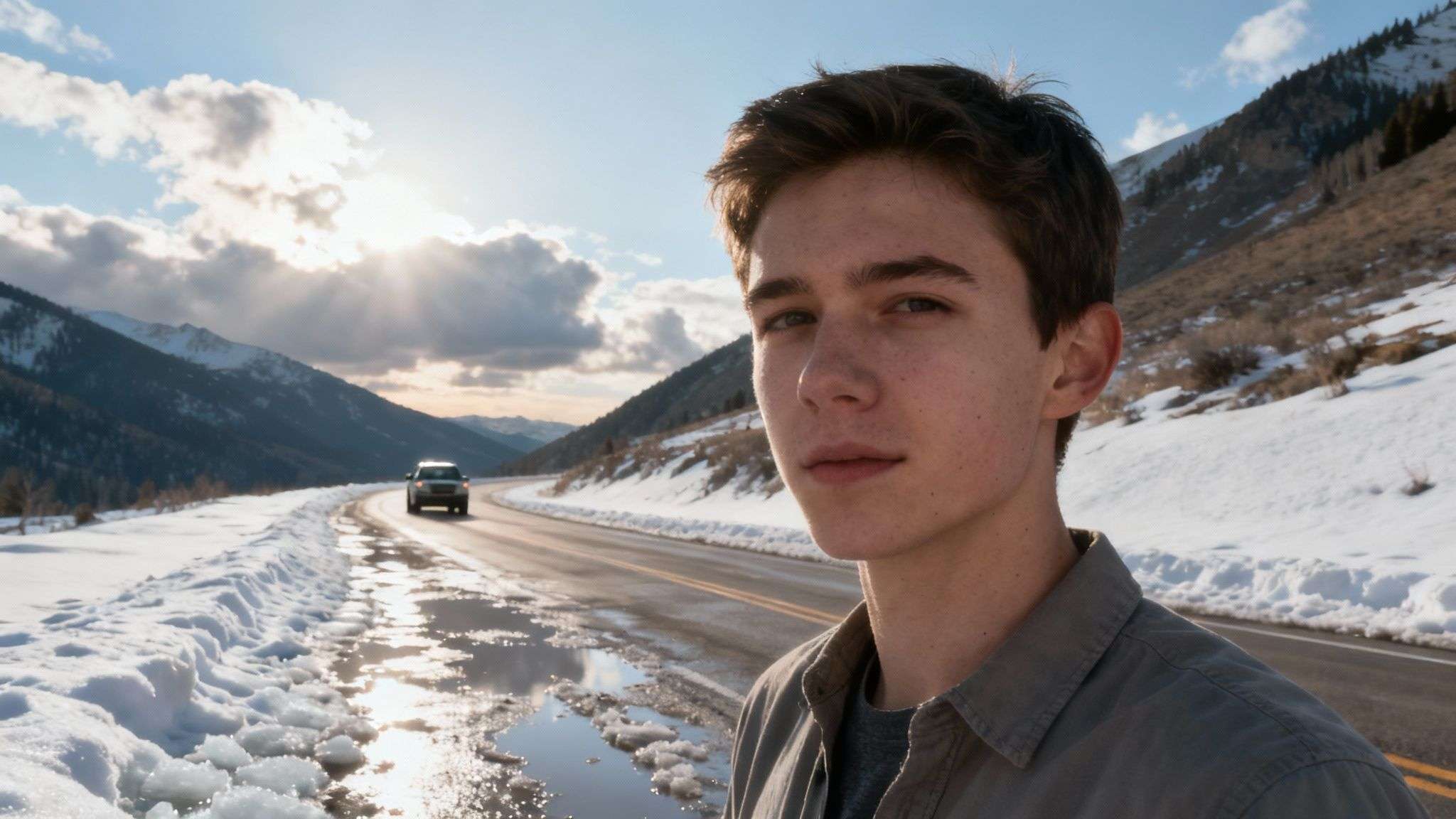 A snowy highway winding through through Parleys Canyon during winter, with snow-covered trees and mountains under a clear blue sky.