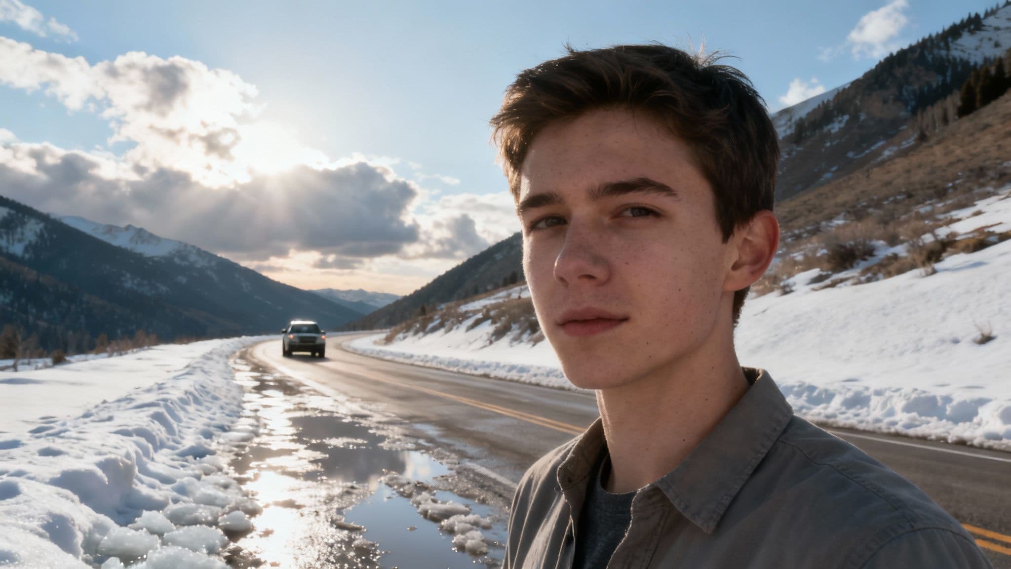 A snowy highway winding through through Parleys Canyon during winter, with snow-covered trees and mountains under a clear blue sky.