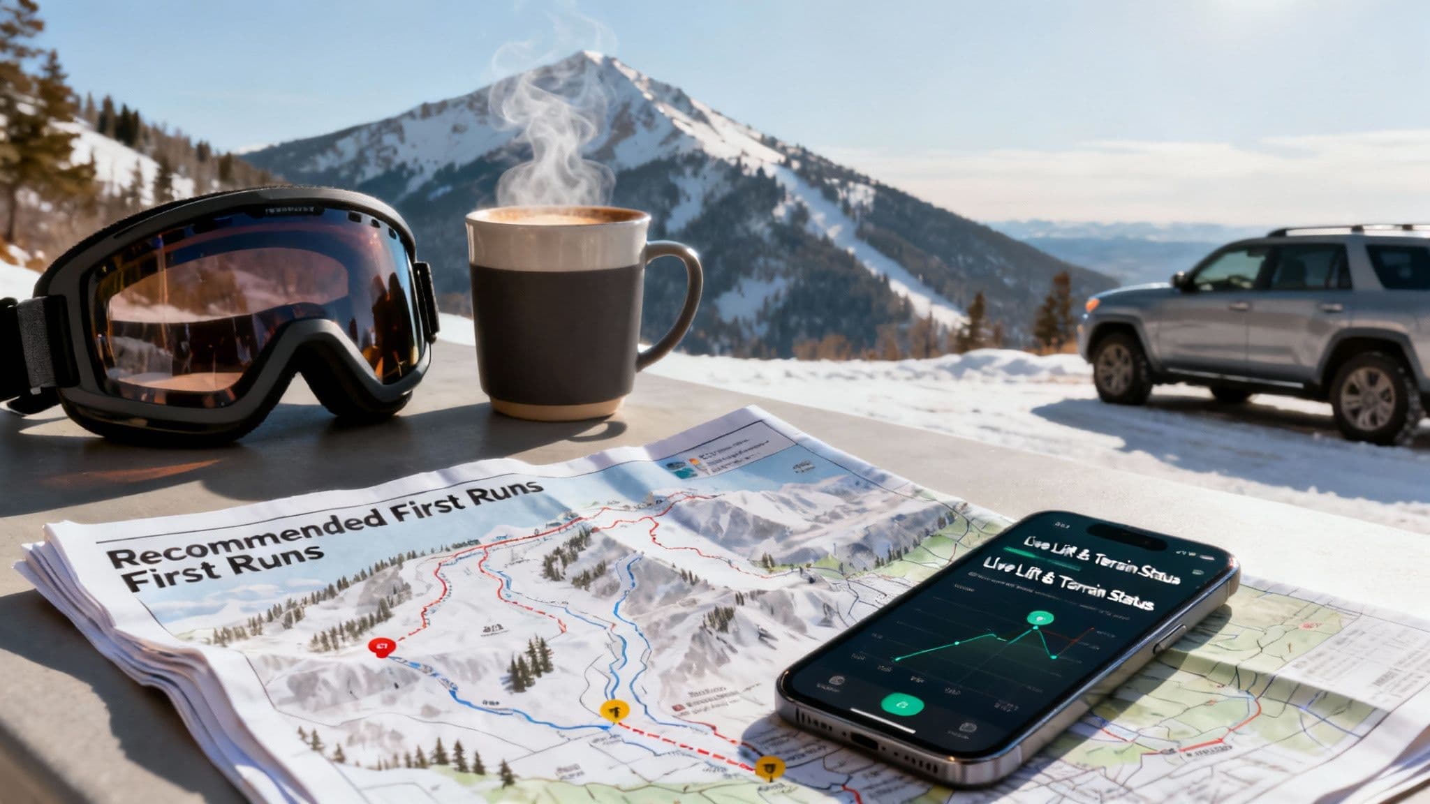 A snowboarder takes a moment to look at the trail map with a snowy mountain landscape behind them.