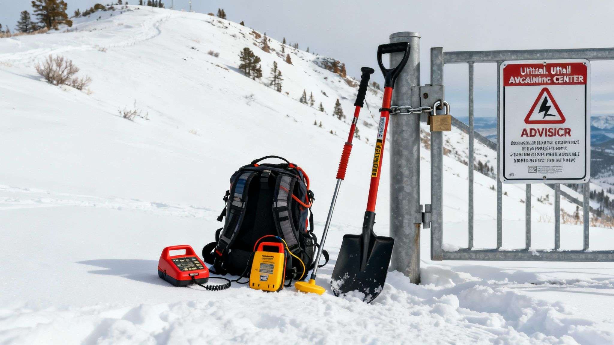 A backcountry skier assessing a steep, snowy slope under a clear sky, illustrating avalanche terrain near a ski resort.