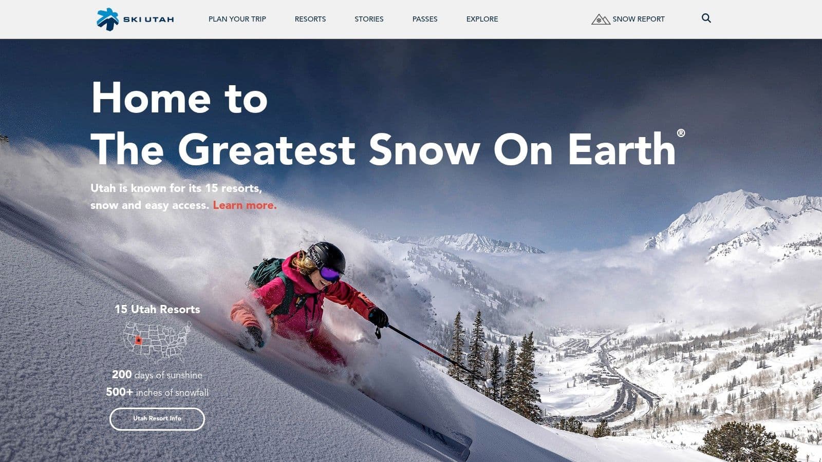 The Ski Utah website homepage, showing a collage of skiers in Utah's powder.