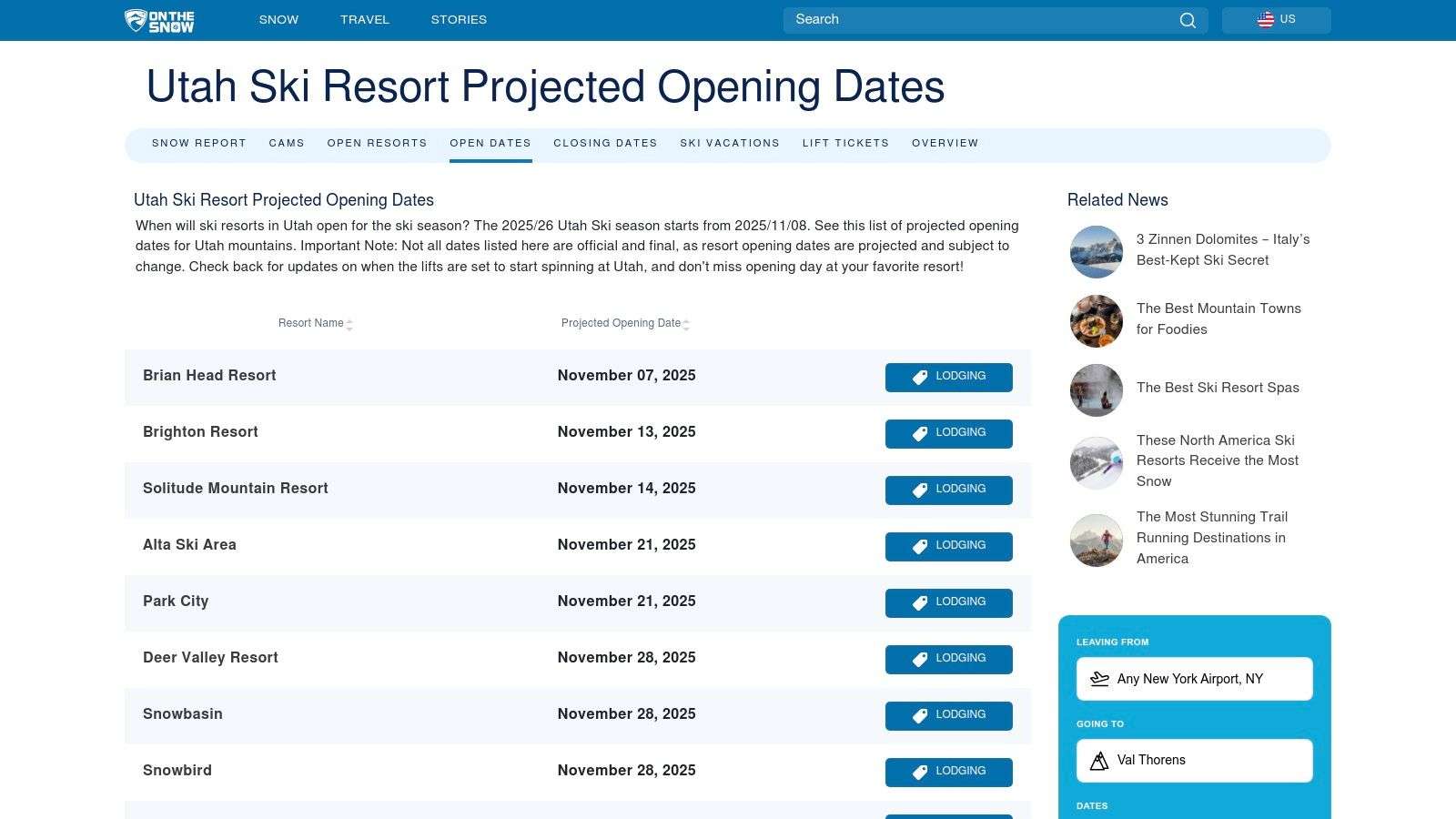 OnTheSnow – Utah Projected Openings