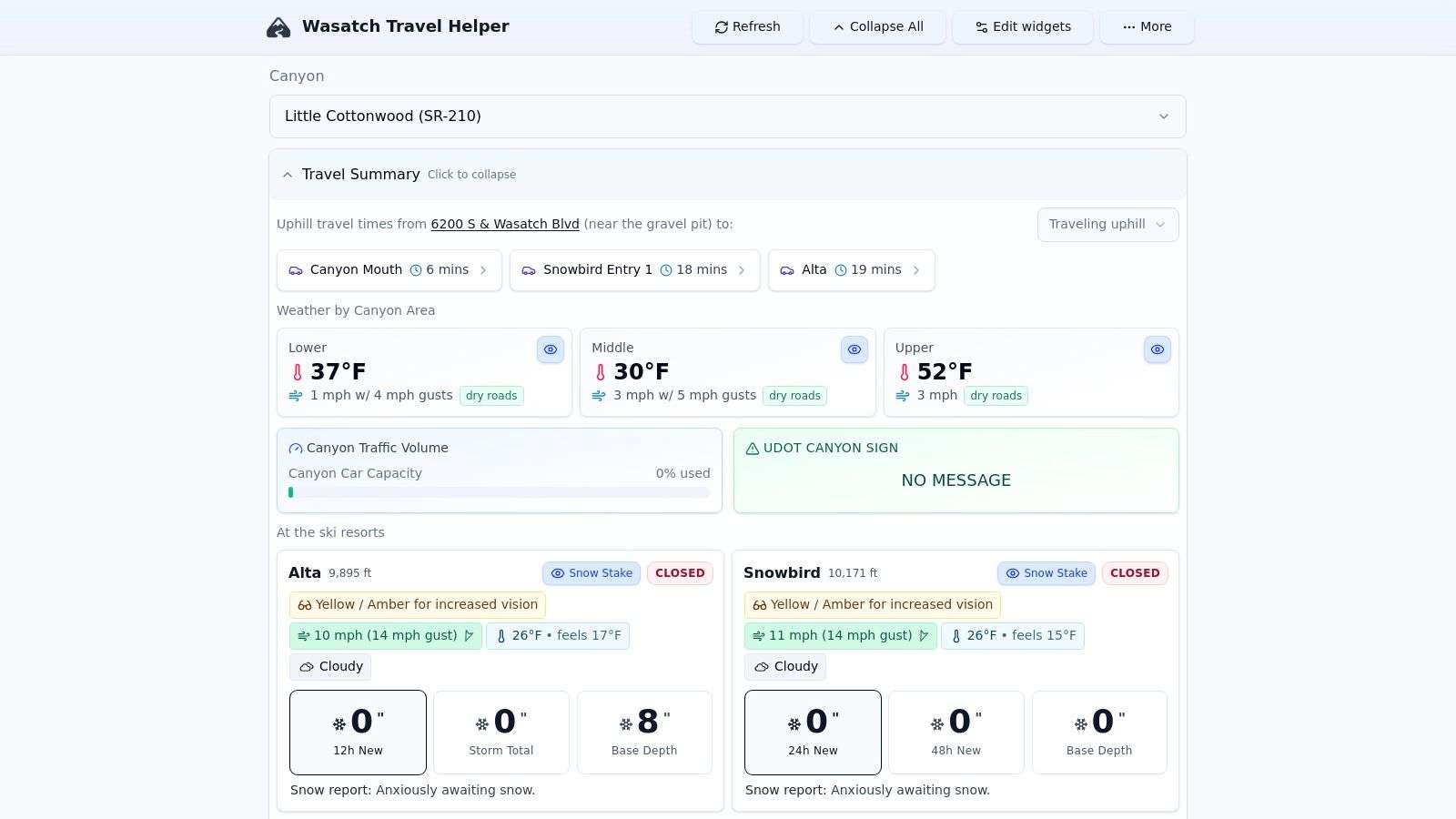 Screenshot of the Wasatch Travel Helper website interface, showing travel times and road conditions for Utah's canyons.