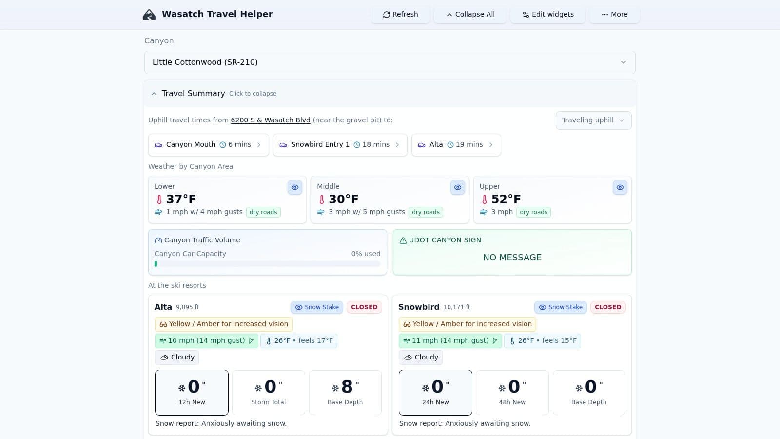 Screenshot of the Wasatch Travel Helper website interface, showing travel times and road conditions for Utah's canyons.